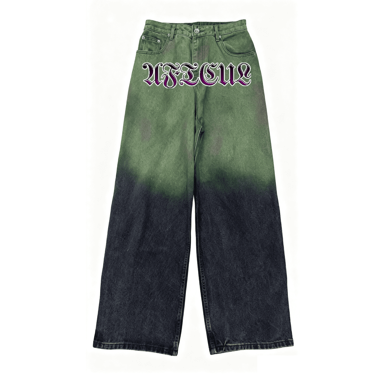 Green and black gradient jeans with a brand logo on a white background