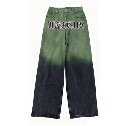 Green and black gradient jeans with a brand logo on a white background
