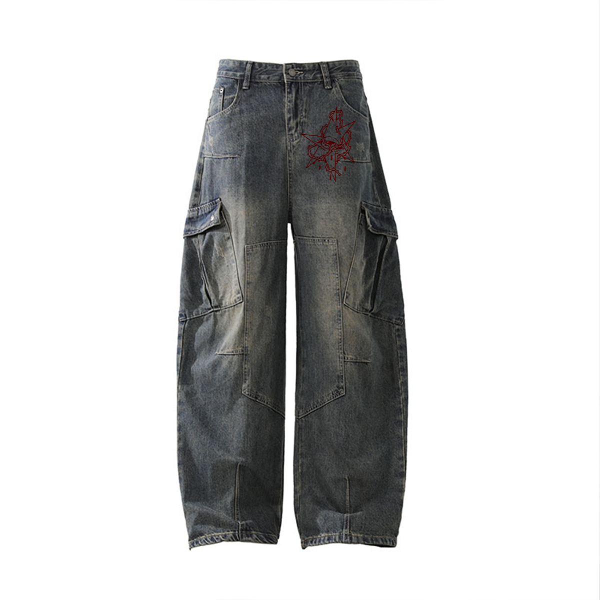 Denim cargo pants with floral embroidery on a white background