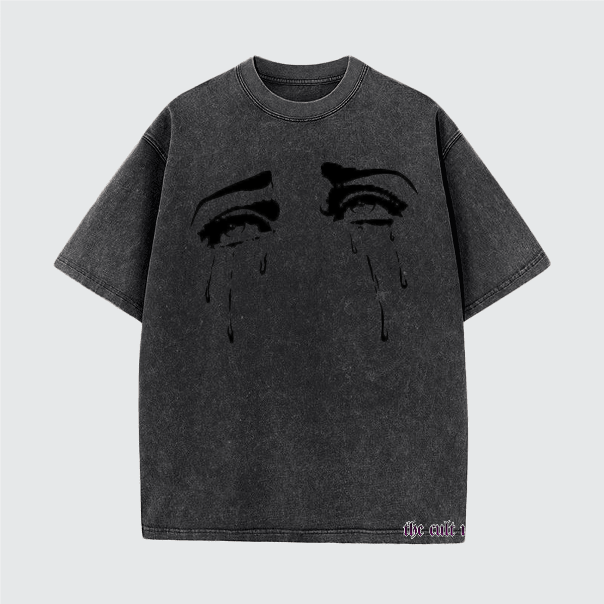 Black t-shirt with a graphic design of eyes and tears on a light gray background