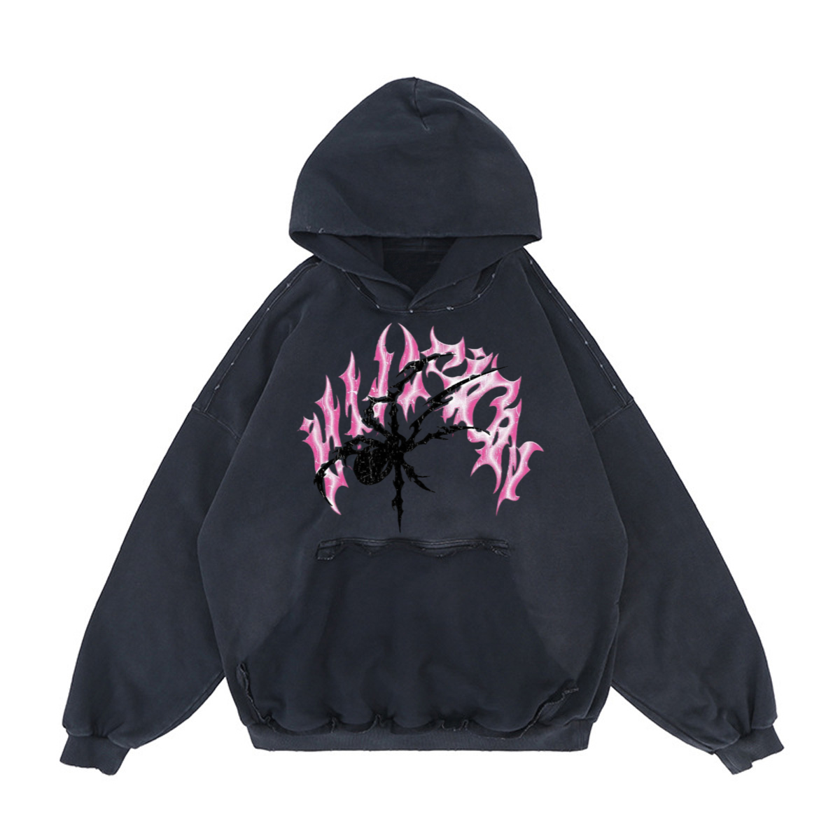 Black hoodie with pink and white graphic design on a white background