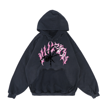 Black hoodie with pink and white graphic design on a white background